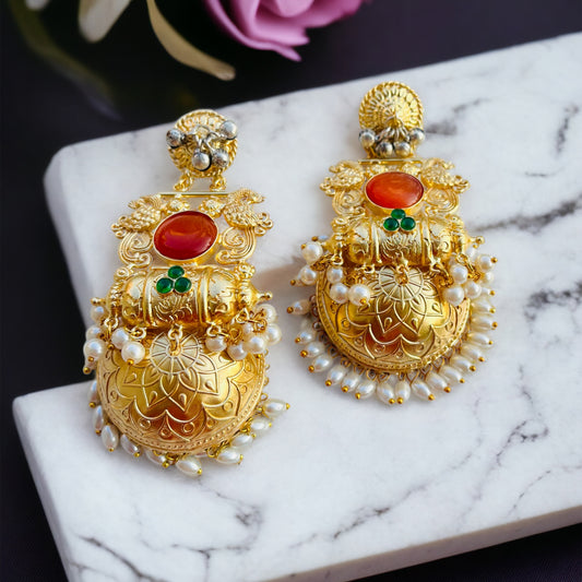 Orange Gold Brass Jhumka Earrings
