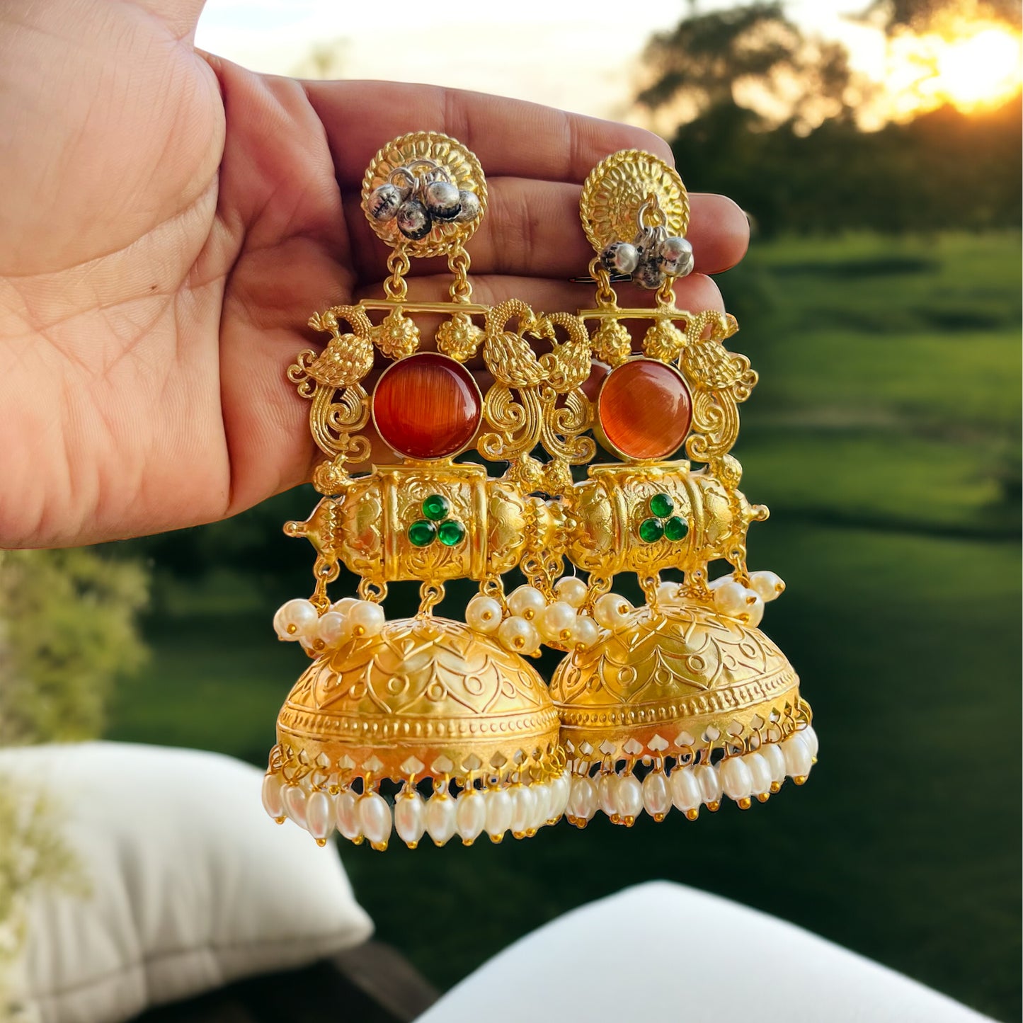 Orange Gold Brass Jhumka Earrings