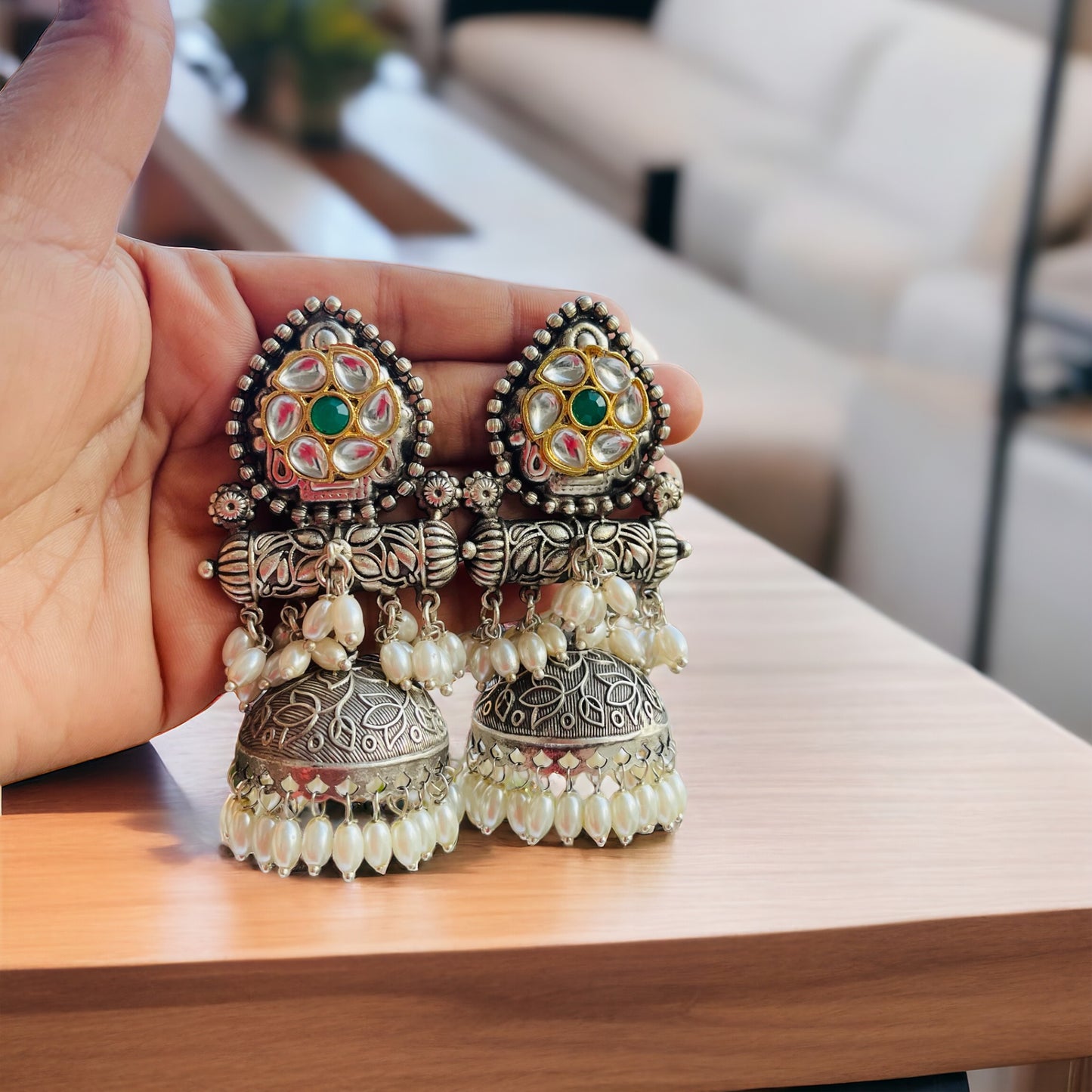 Green Stone Jhumka Earrings