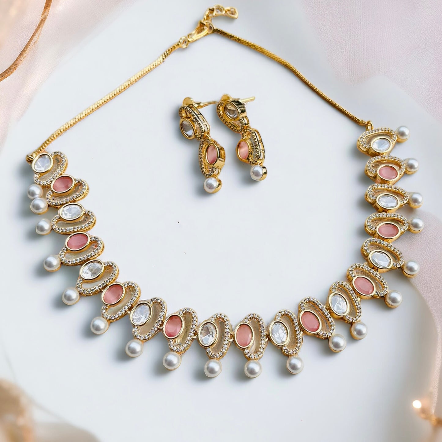 Moissanite Pink Sleek Necklace Set