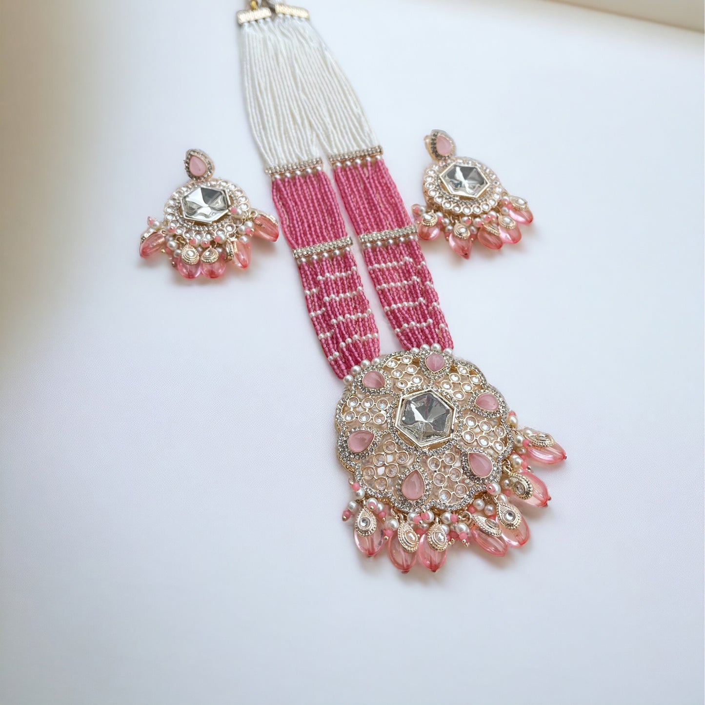 Multilayered Pink Kundan Necklace Set