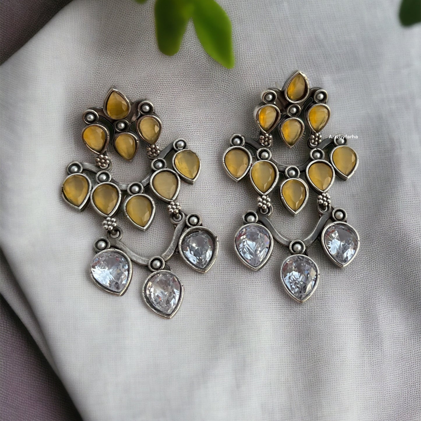 Silver Yellow & White Stone Earring