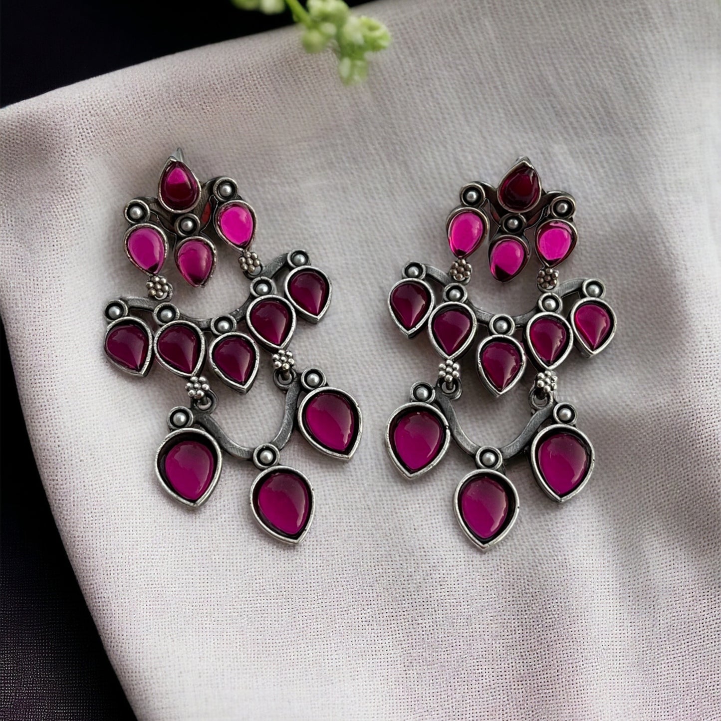 Silver Ruby Pink Stone Earring