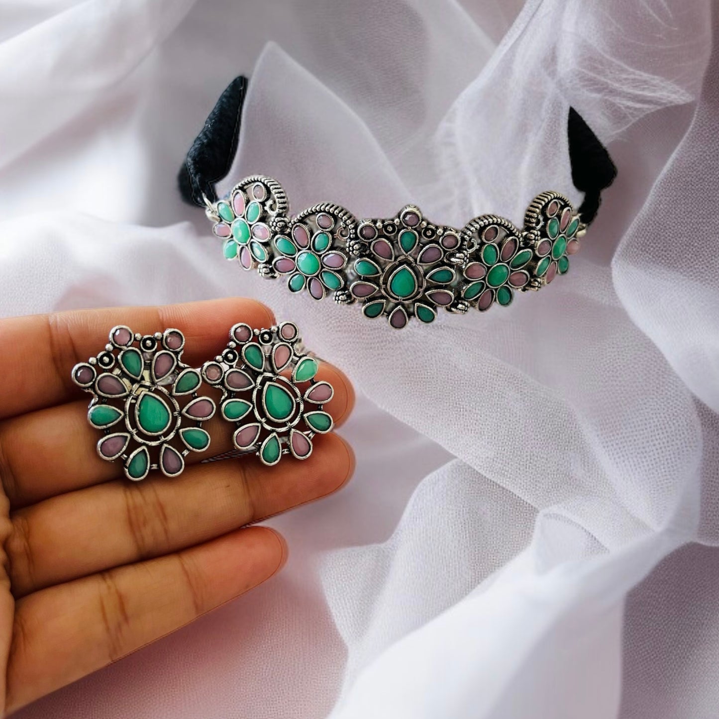 Mint & Pink Sleek Choker Necklace Set