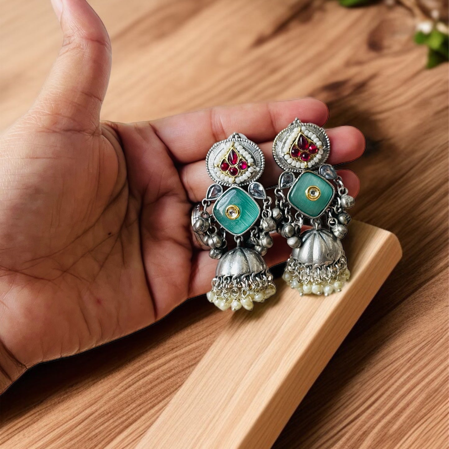 Silver Mint Jhumkas Earrings
