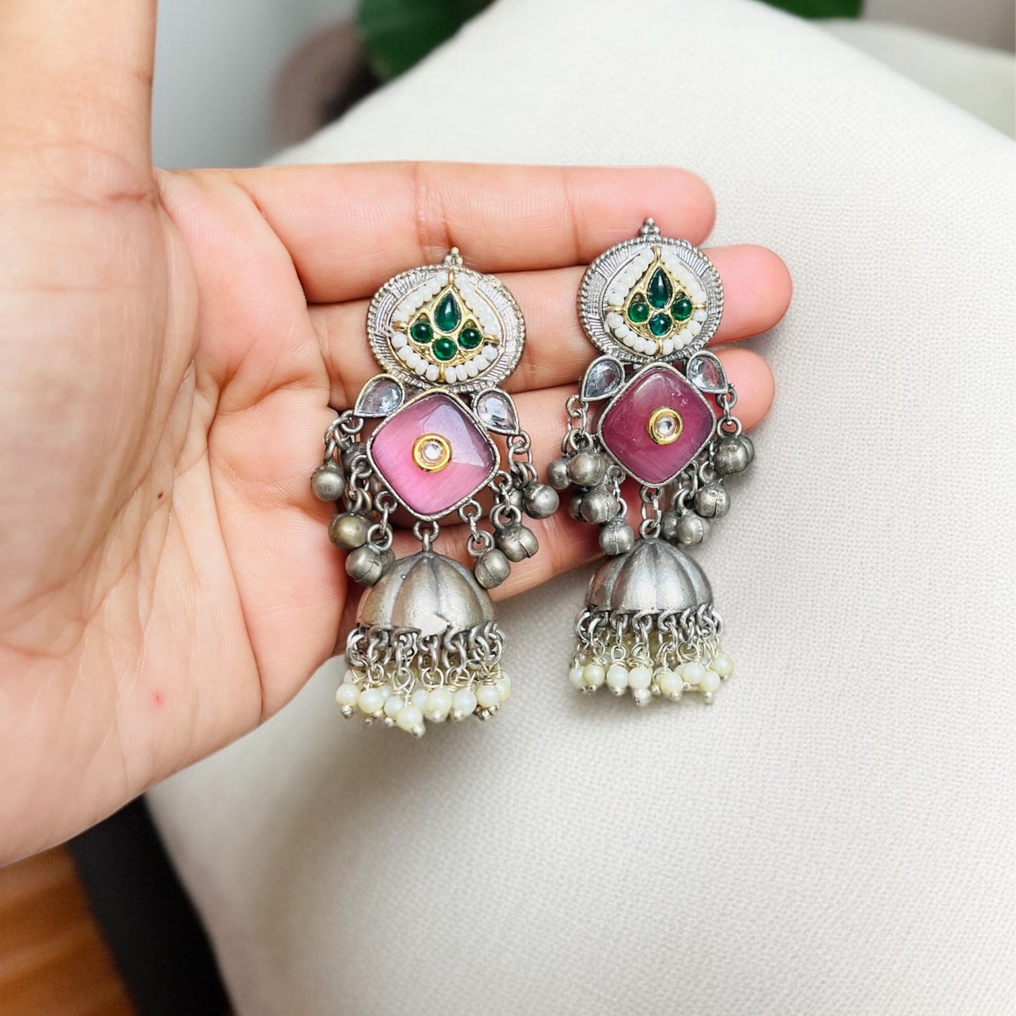 Silver Pink Jhumkas Earrings