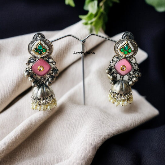 Silver Pink Jhumkas Earrings
