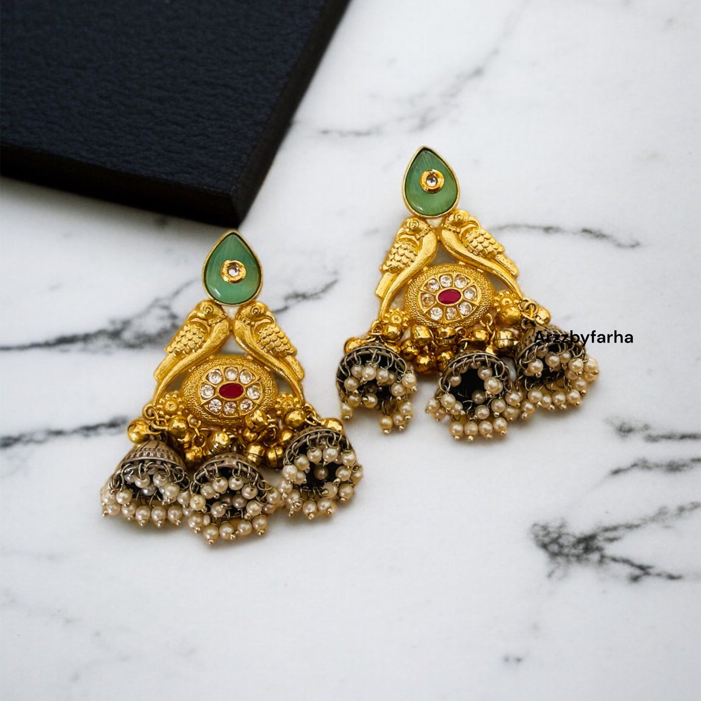 Dual Tone Mint Peacock Statement Earrings