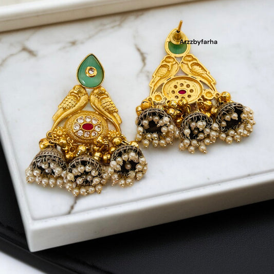 Dual Tone Mint Peacock Statement Earrings