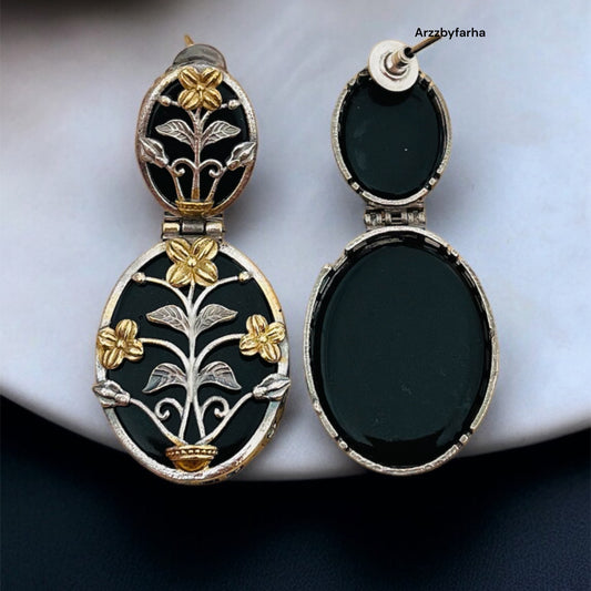 Dual Tone Black Drop Earrings