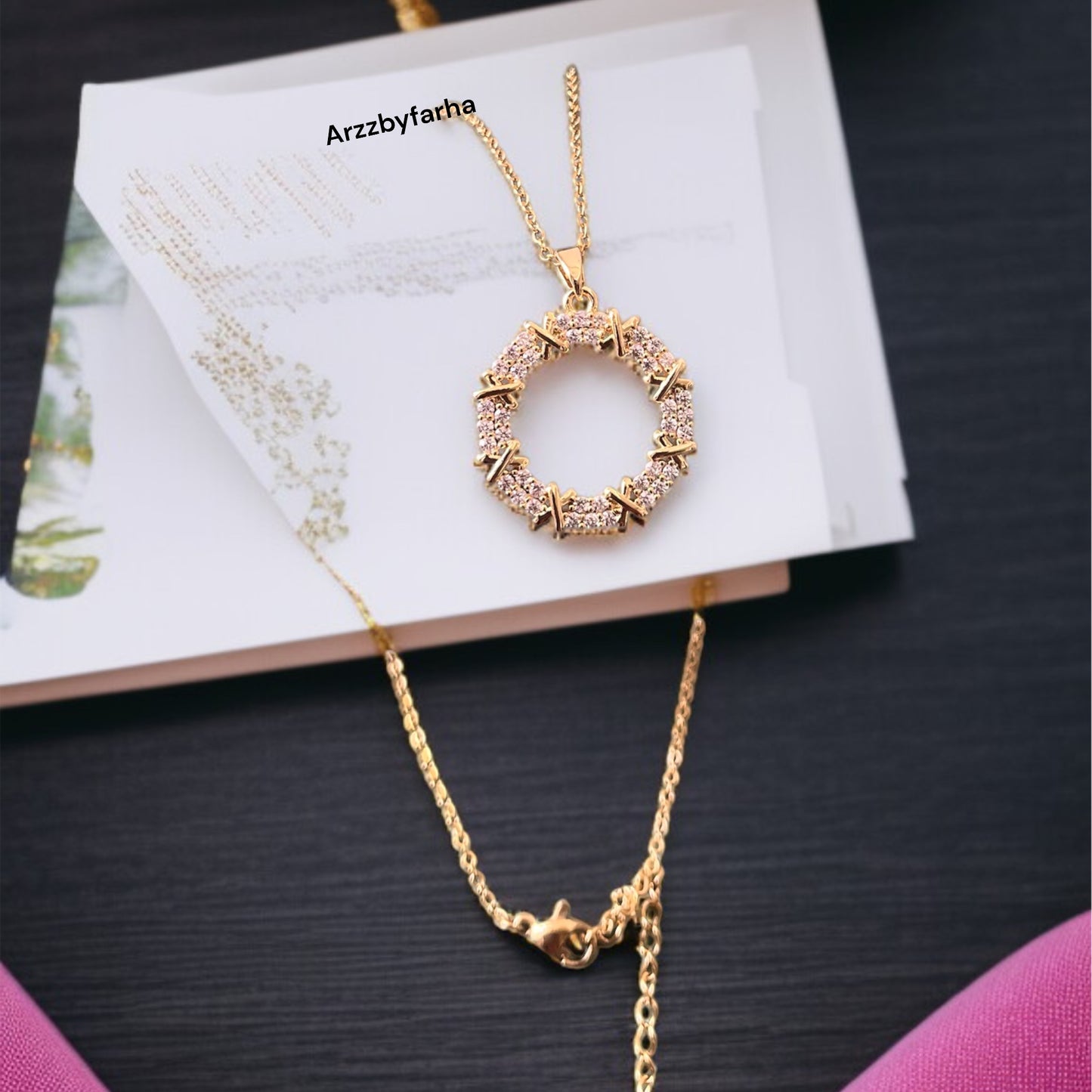 Gold AD Studded Ring Pendant Necklace