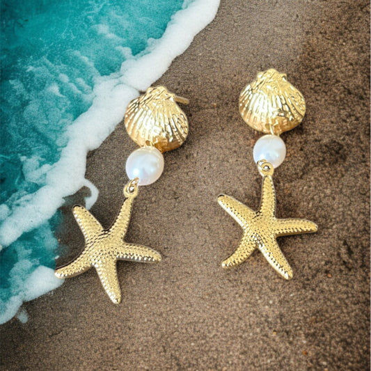 Gold Shell & Start Drop Earrings