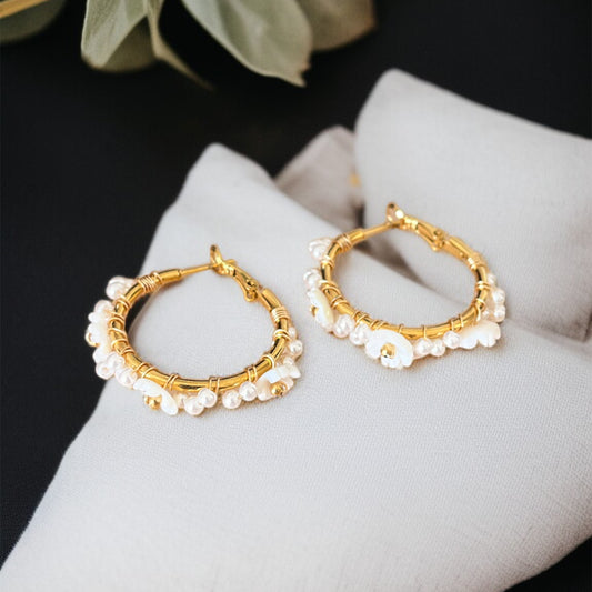 White Flower Hoop Earrings