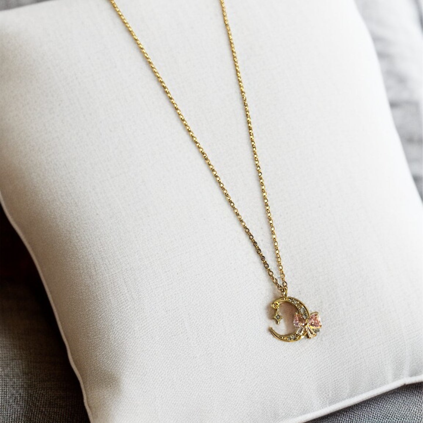 Pink Bow Crescent Chain Necklace