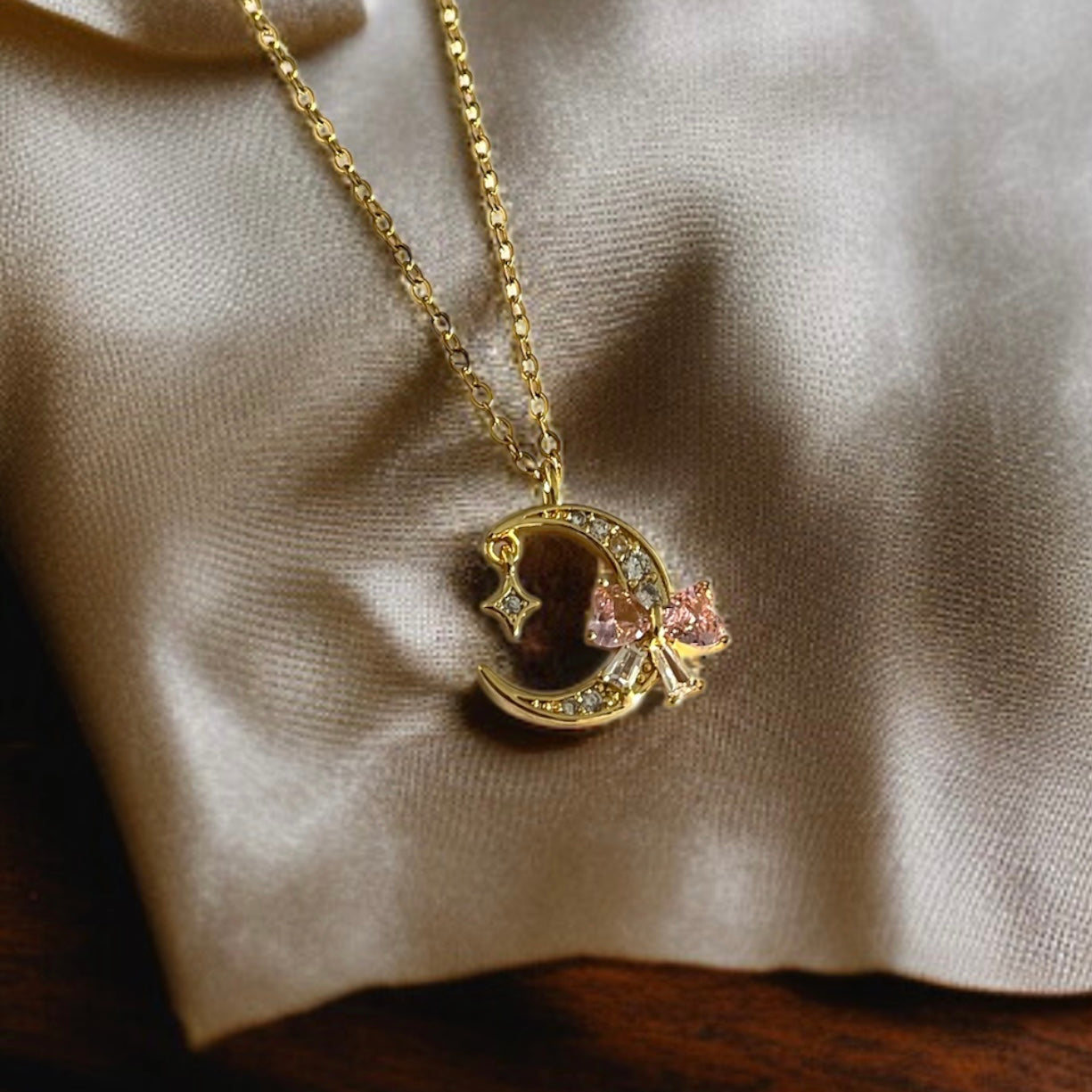 Pink Bow Crescent Chain Necklace