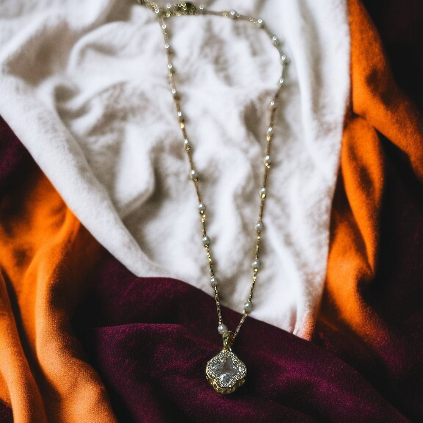 Crystal Clover Pearl Chain Necklace