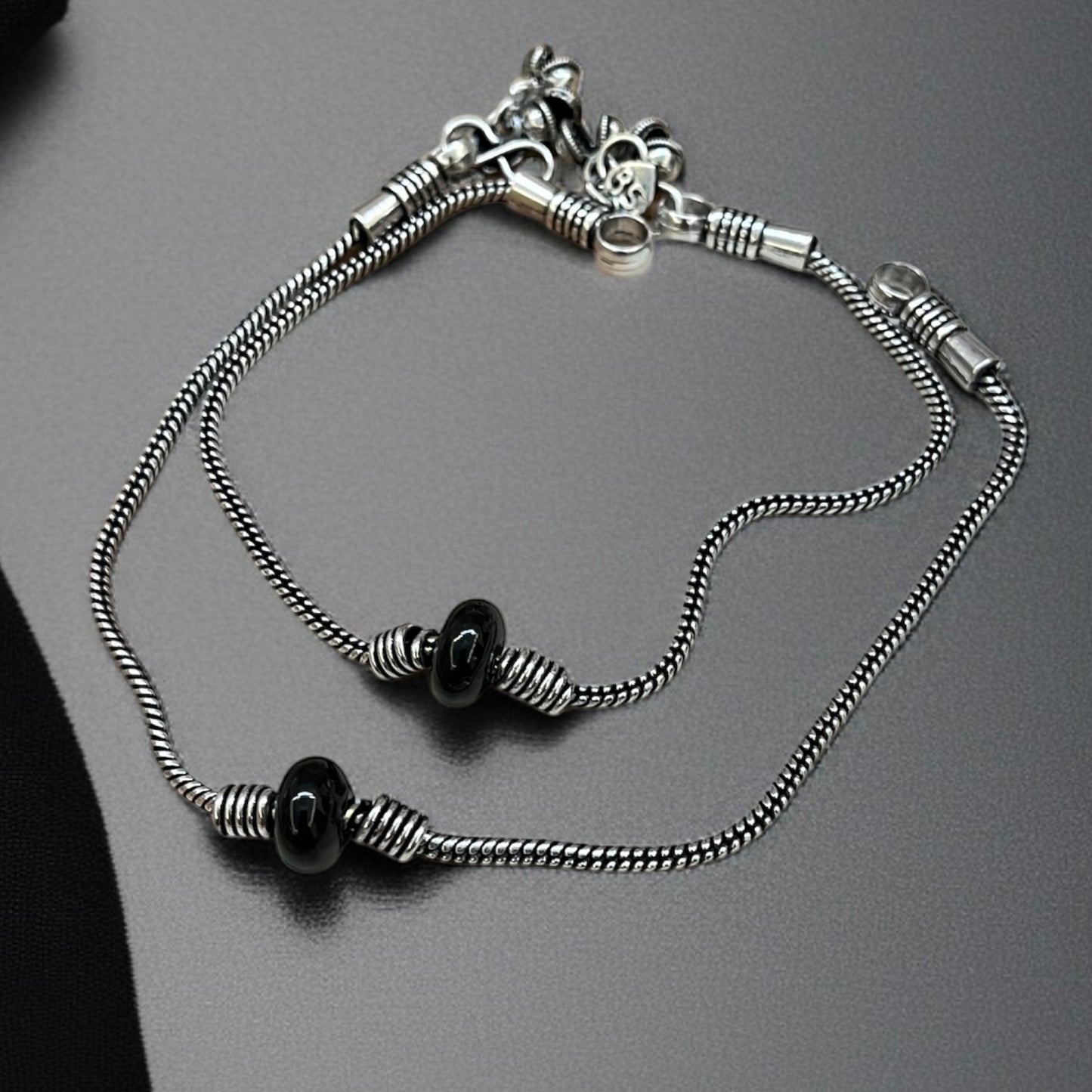 Silver Oxidised Black Beads Anklets