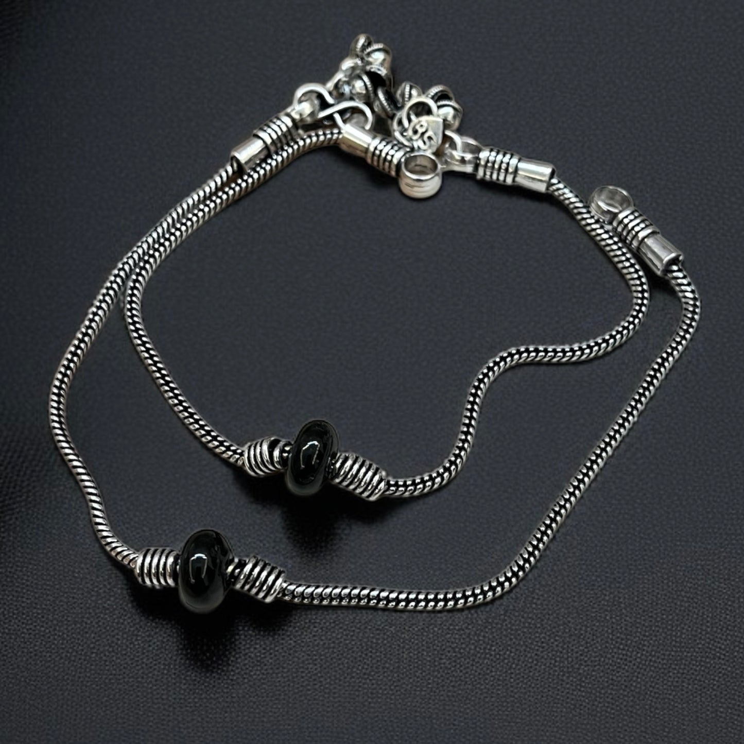 Silver Oxidised Black Beads Anklets