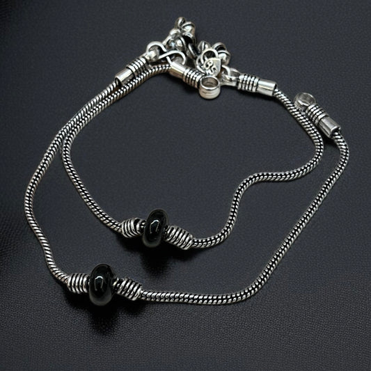 Silver Oxidised Black Beads Anklets