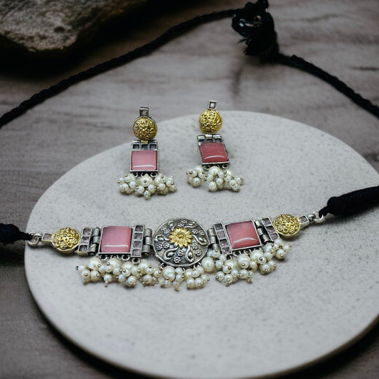 Dual Tone Pink Stone Choker Necklace Set