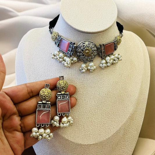 Dual Tone Pink Stone Choker Necklace Set