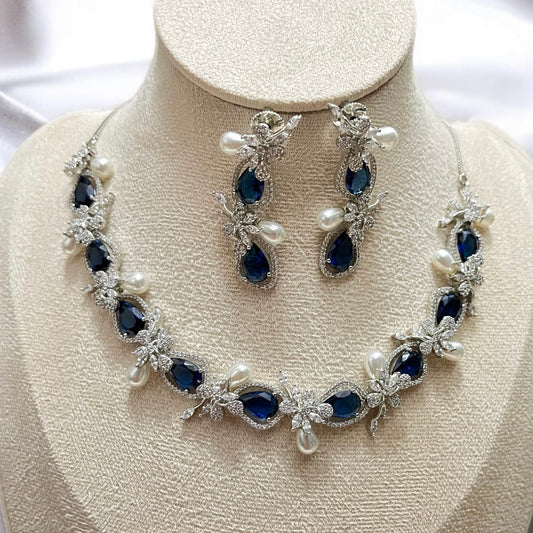 Blue Sapphire Pearl Necklace Set