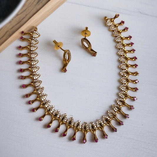 Gold Plated Ruby Pink Stone Necklace Set