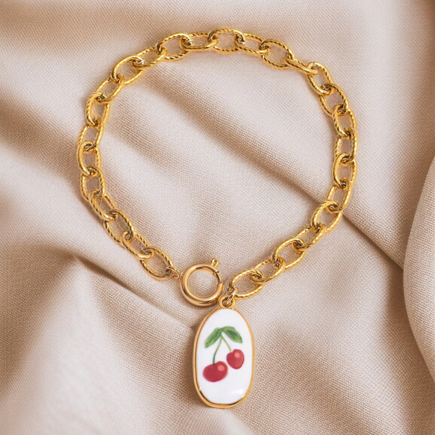 White Cherry Charm Chain Bracelet