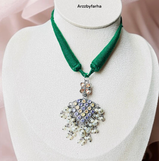 Silver Oxidised Thread Necklace Set