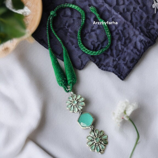 Silver Oxidised Thread Necklace Set