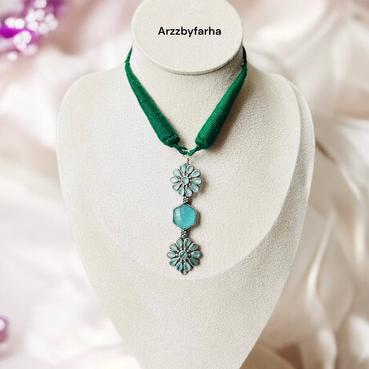 Silver Oxidised Thread Necklace Set