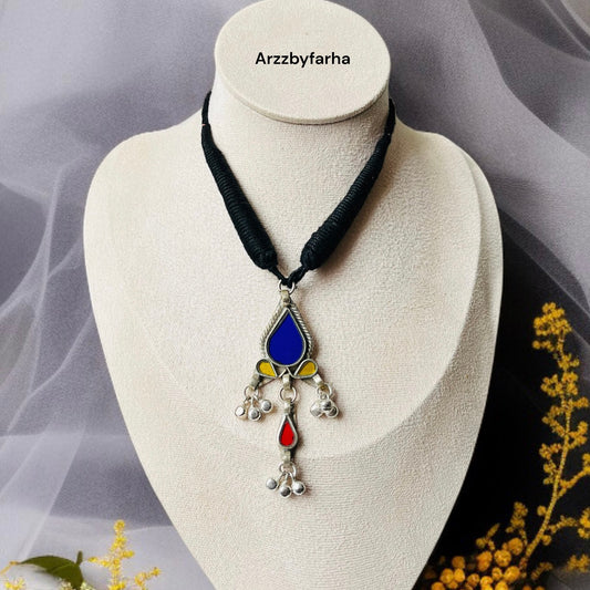 Silver Oxidised Thread Necklace Set