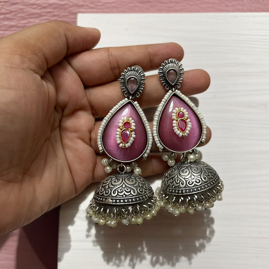 Pink Silver Jhumkas Earring