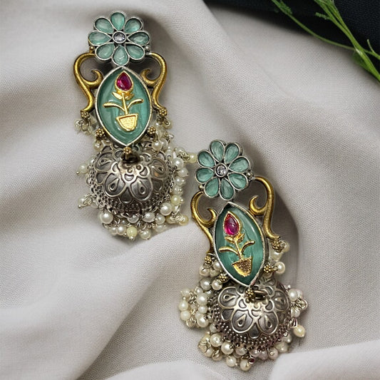 Dual Tone Mint Jhumkas Earring