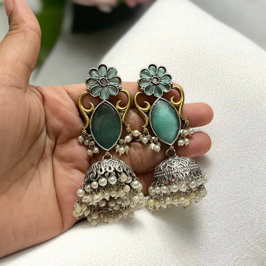 Dual Tone Mint Jhumkas Earring