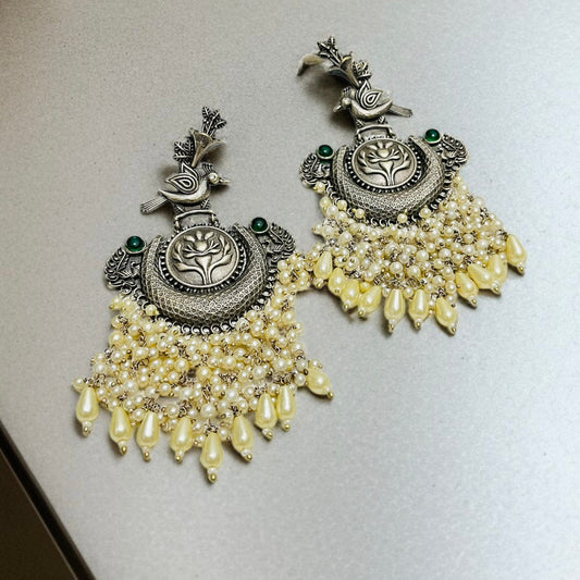 Silver Oxidised Pearl Chandbali Earrings