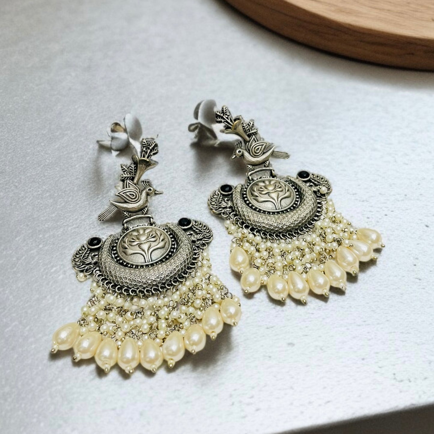 Silver Oxidised Pearl Chandbali Earrings