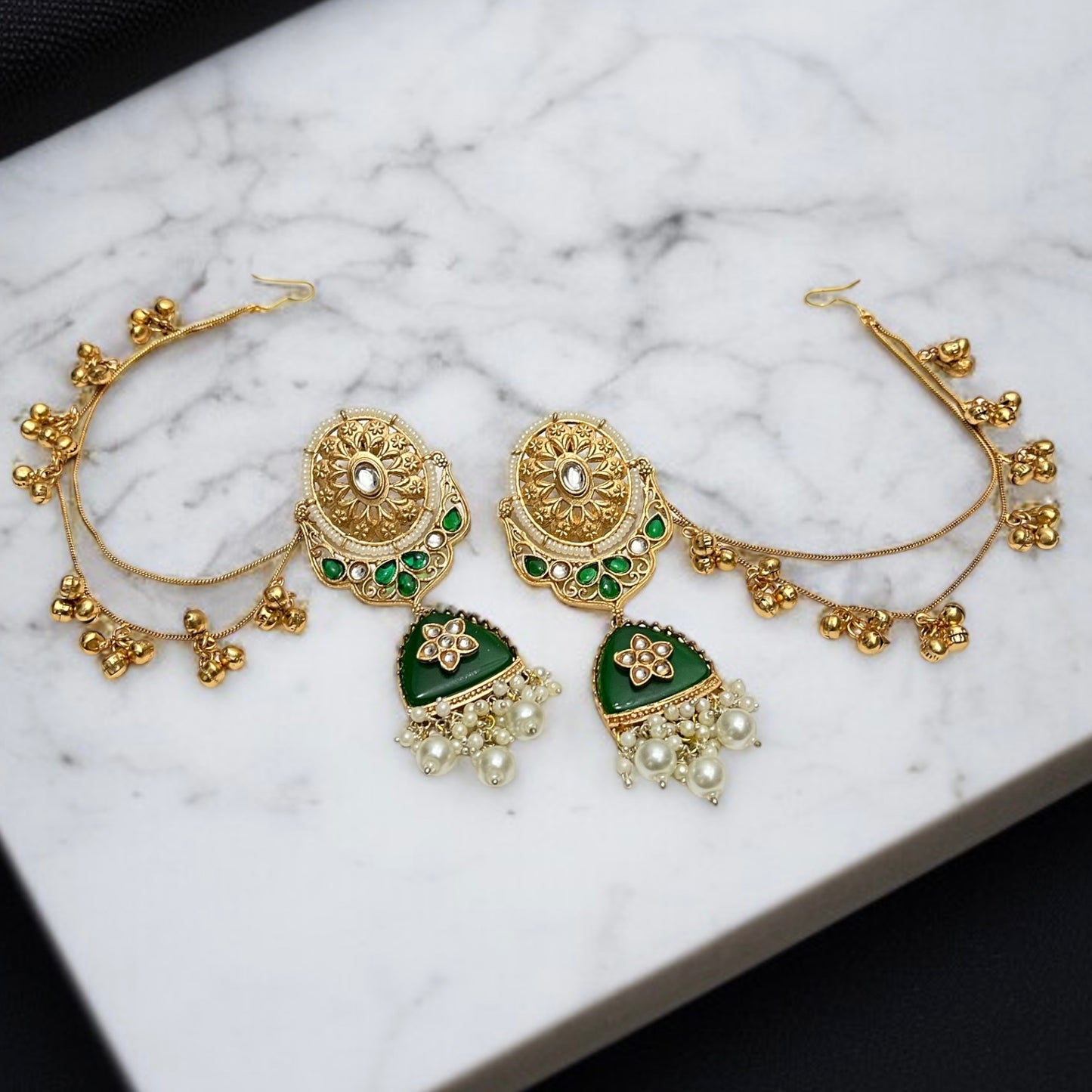 Green Statement Hair Chain Earrings
