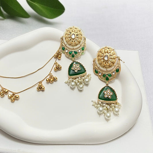 Green Statement Hair Chain Earrings
