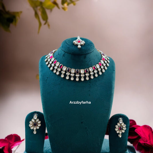 Ruby Pink & White Stone Necklace Set