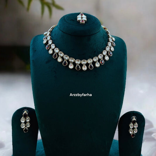 Maroon Red & White Stone Necklace Set
