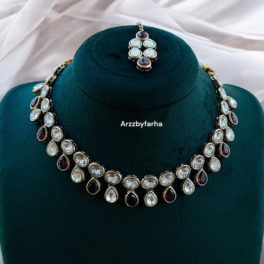 Maroon Red & White Stone Necklace Set