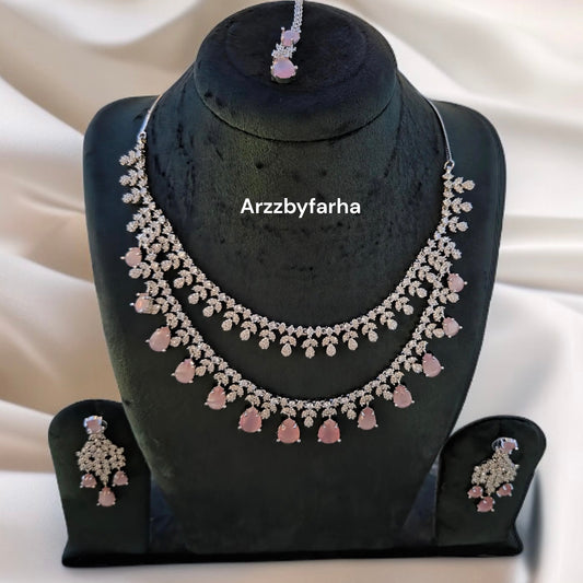 Tara AD Pink Layered Necklace Set