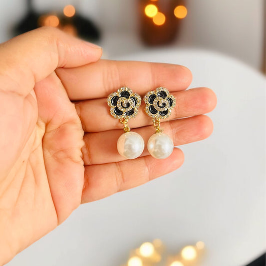Black Flower Pearl Drop Earrings