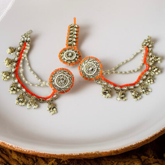 Studs With Hair Chain Earrings and Tikka