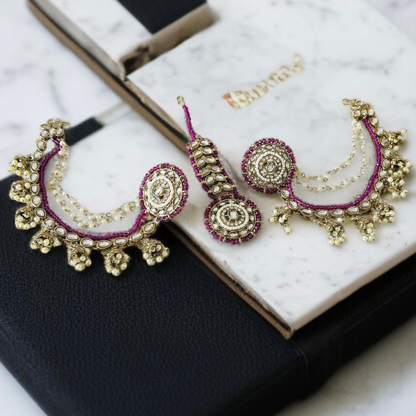 Studs With Hair Chain Earrings and Tikka