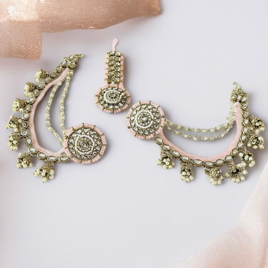 Studs With Hair Chain Earrings and Tikka