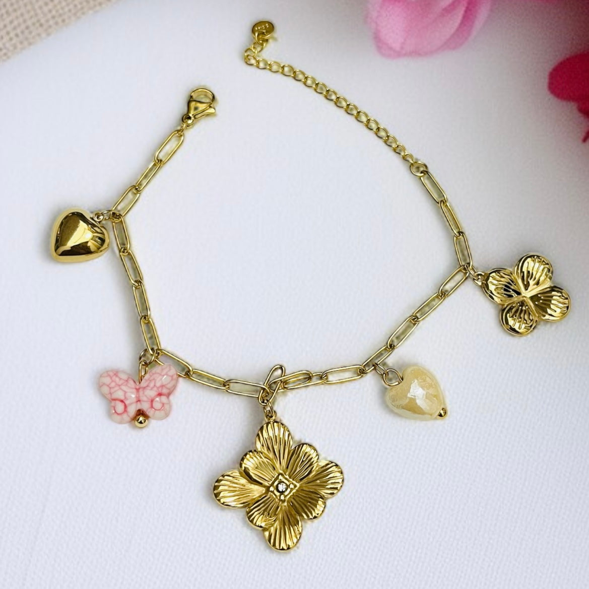 Pink & Gold Charms Chain Bracelet