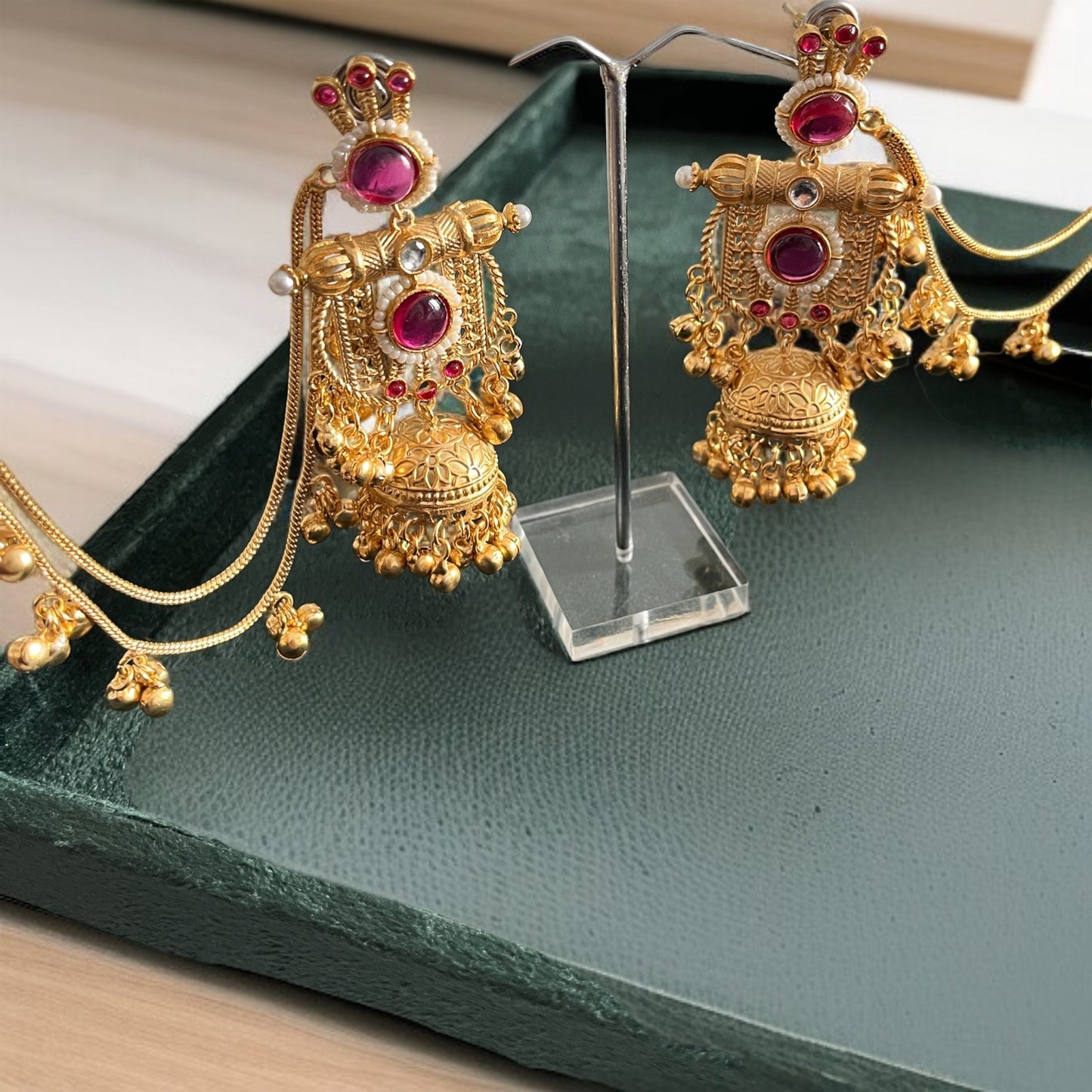 Gold Jhumka with Hair Chain Earrings