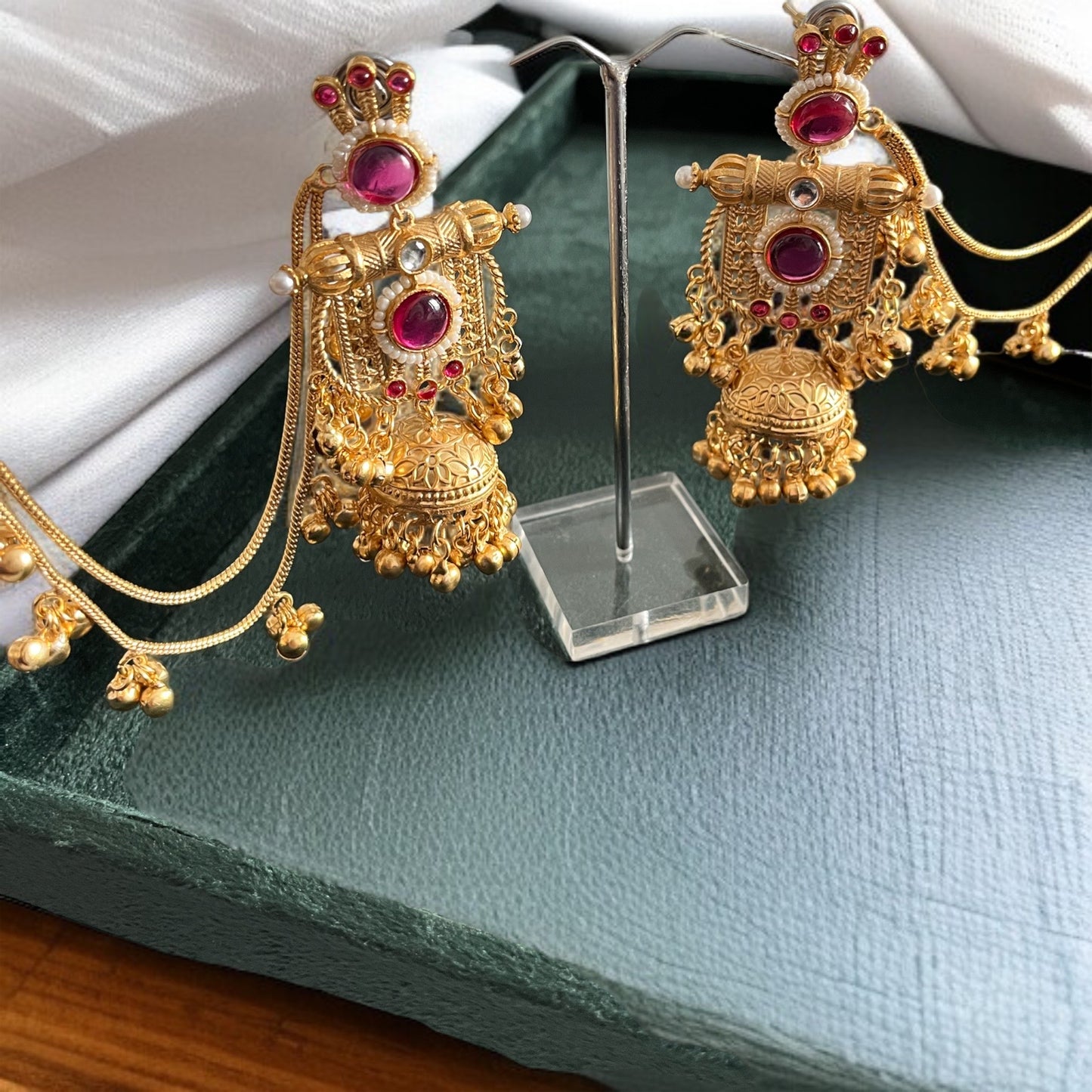 Gold Jhumka with Hair Chain Earrings